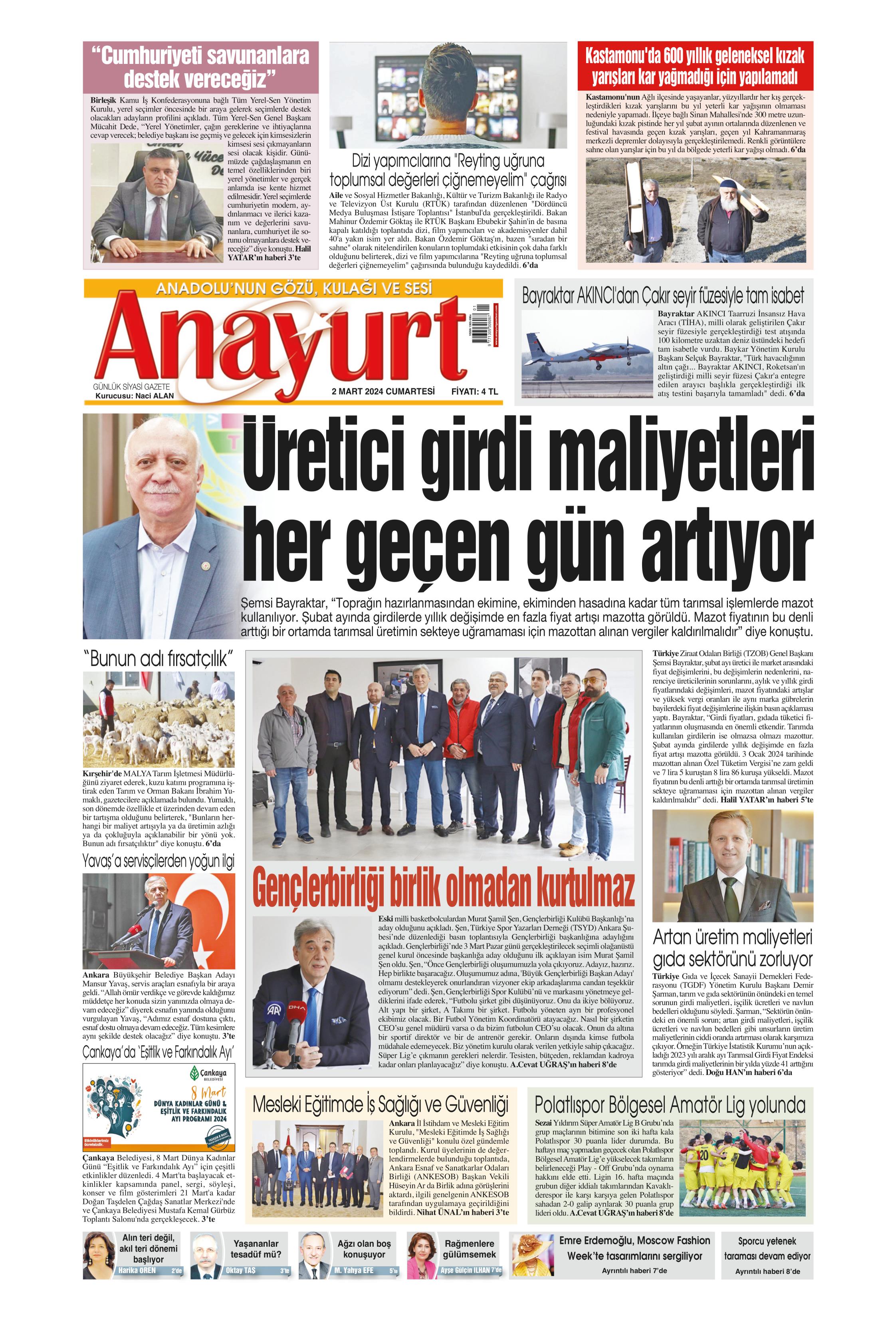 Anayurt Gazetesi 2 Mart 2024, Cumartesi Günü Manşeti