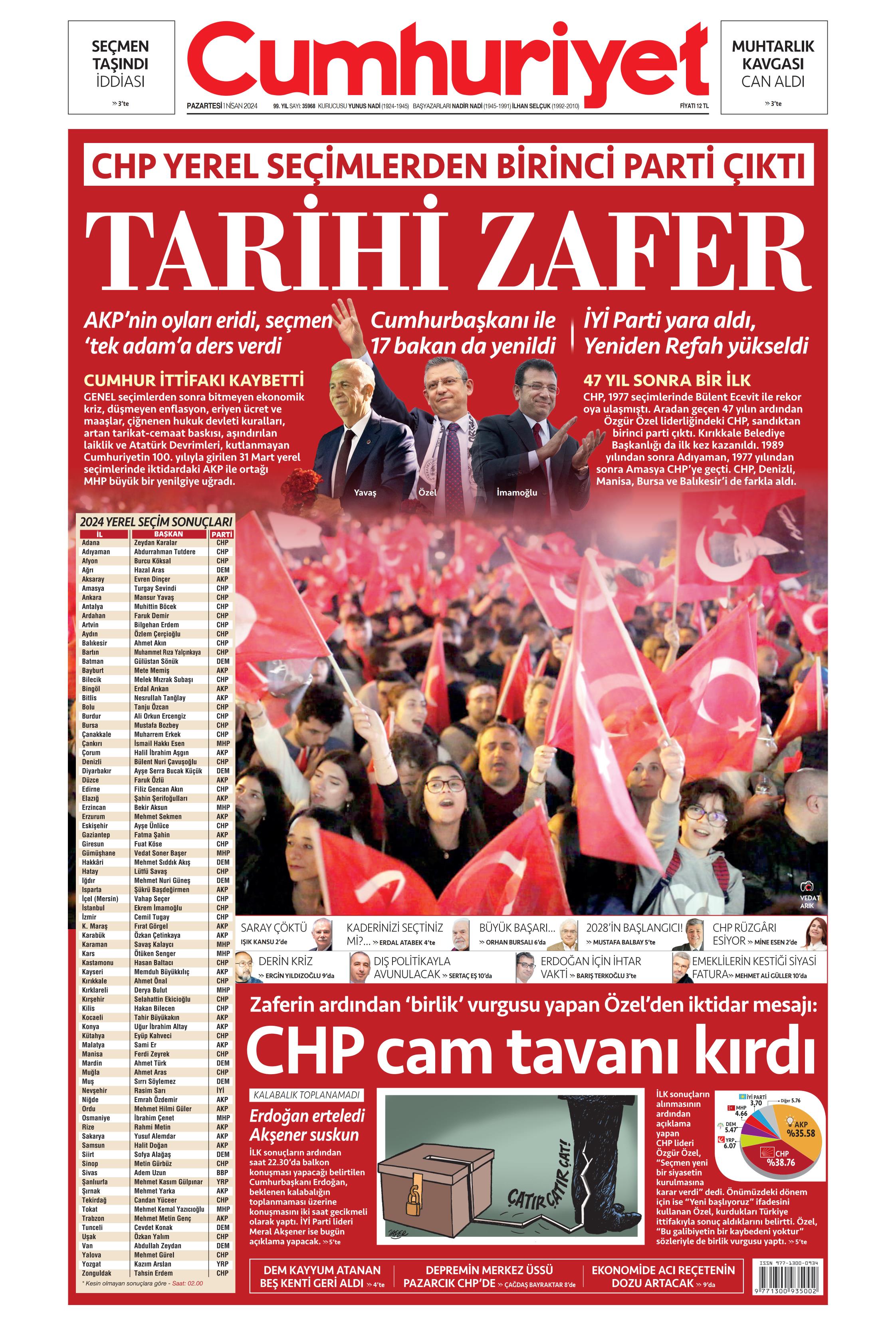 Cumhuriyet Gazetesi 1 Nisan 2024, Pazartesi Günü Manşeti