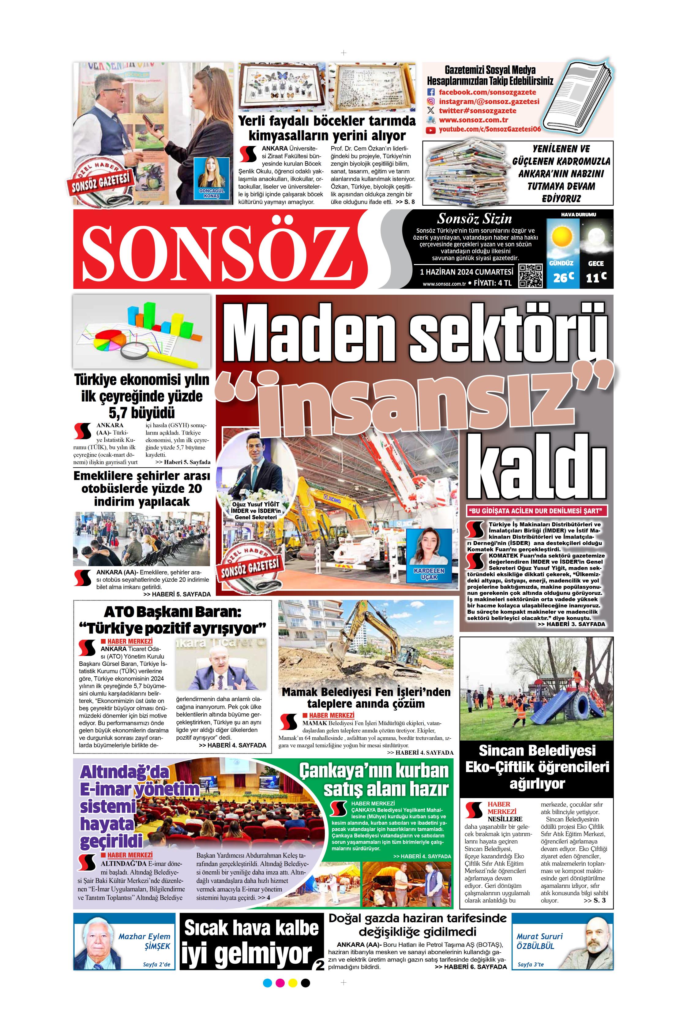 Sonsöz Gazetesi 1 Haziran 2024 Cumartesi Günü Manşeti 4058