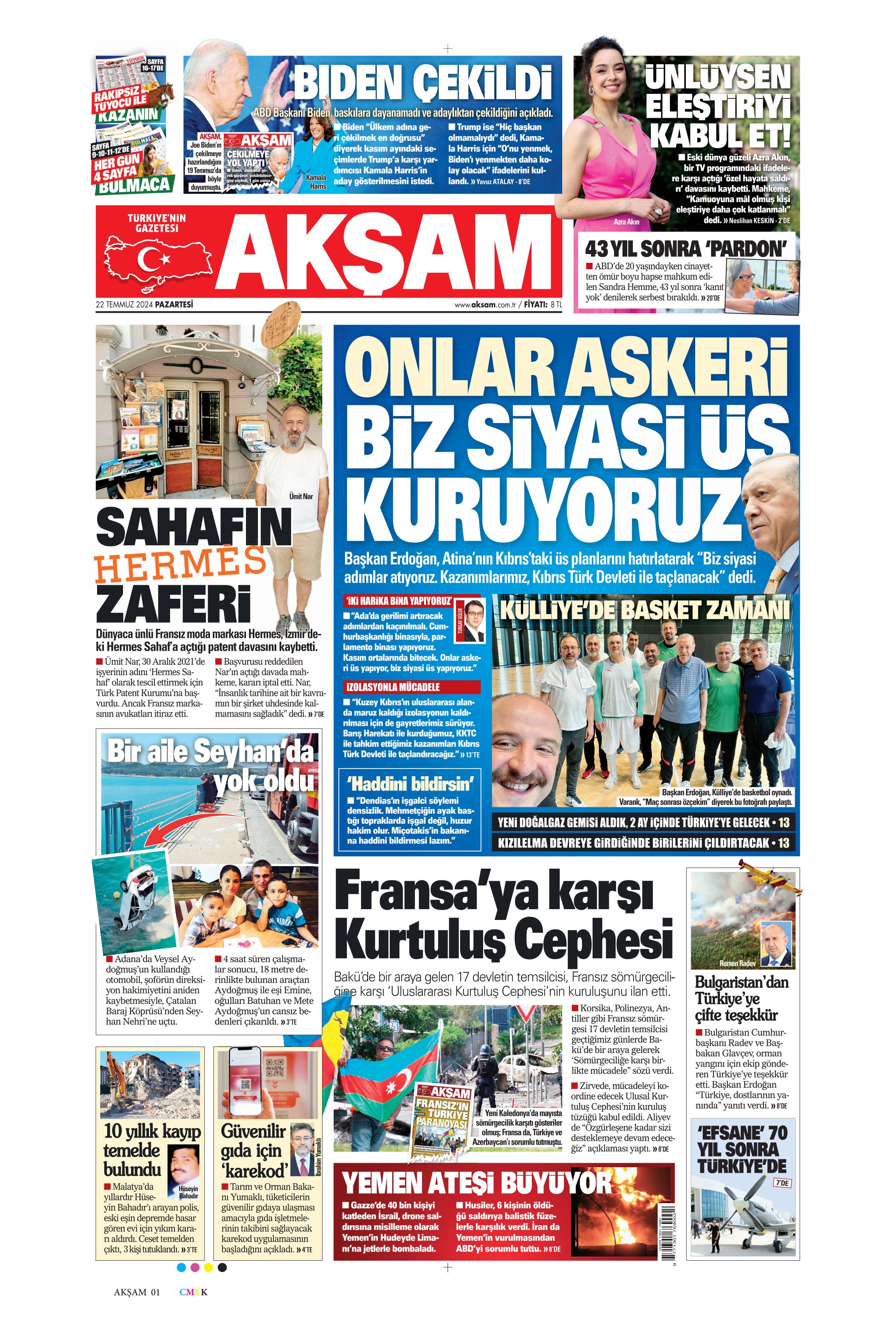 Akşam Gazetesi 22 Temmuz 2024, Pazartesi Günü Manşeti